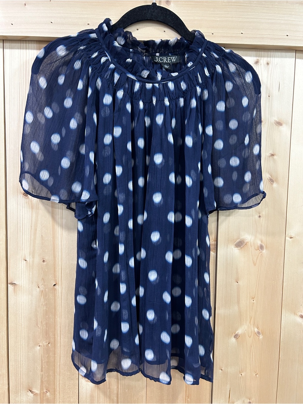 J.Crew Crinkle Chiffon Smocked Top in Ombré Dot Navy Blue, Small -Dark Romantic
